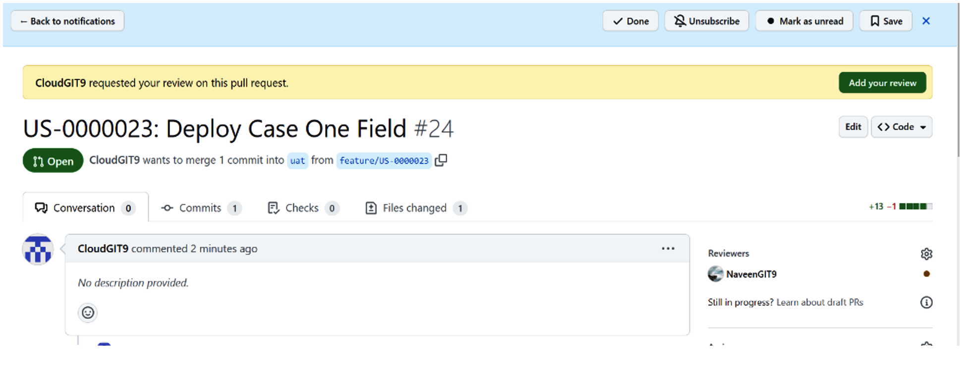 Pull request management - Deploy case one field