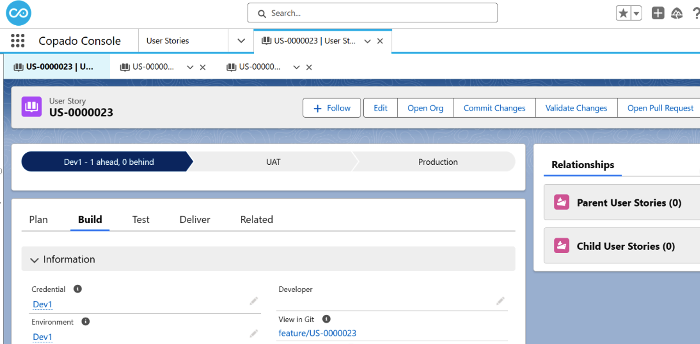 Developer’s Actions - Creating three user stories and commiting changes 